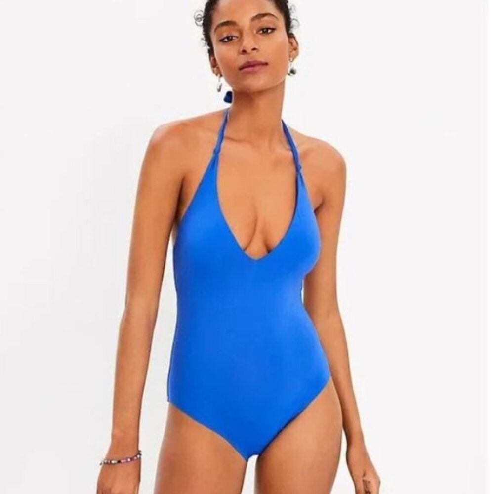 NWOT LOFT Plunge One-Piece Blue Swimsuit Size S
